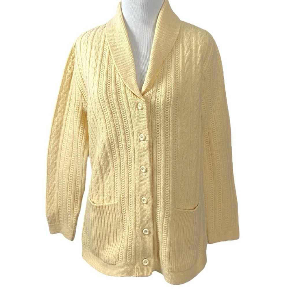 Vintage 70s Duet Eggnog Cream Cable Knit Cardigan Sweater Orlon Acrylic Medium
